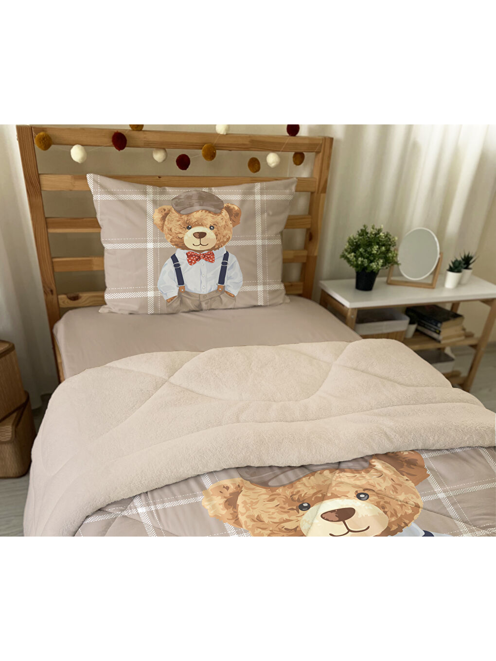Karışık Tek Kişilik Teddy Desen 160x220 Cm Welsoft Çift Taraflı Silikon Yorgan Ve Uyku Seti-1