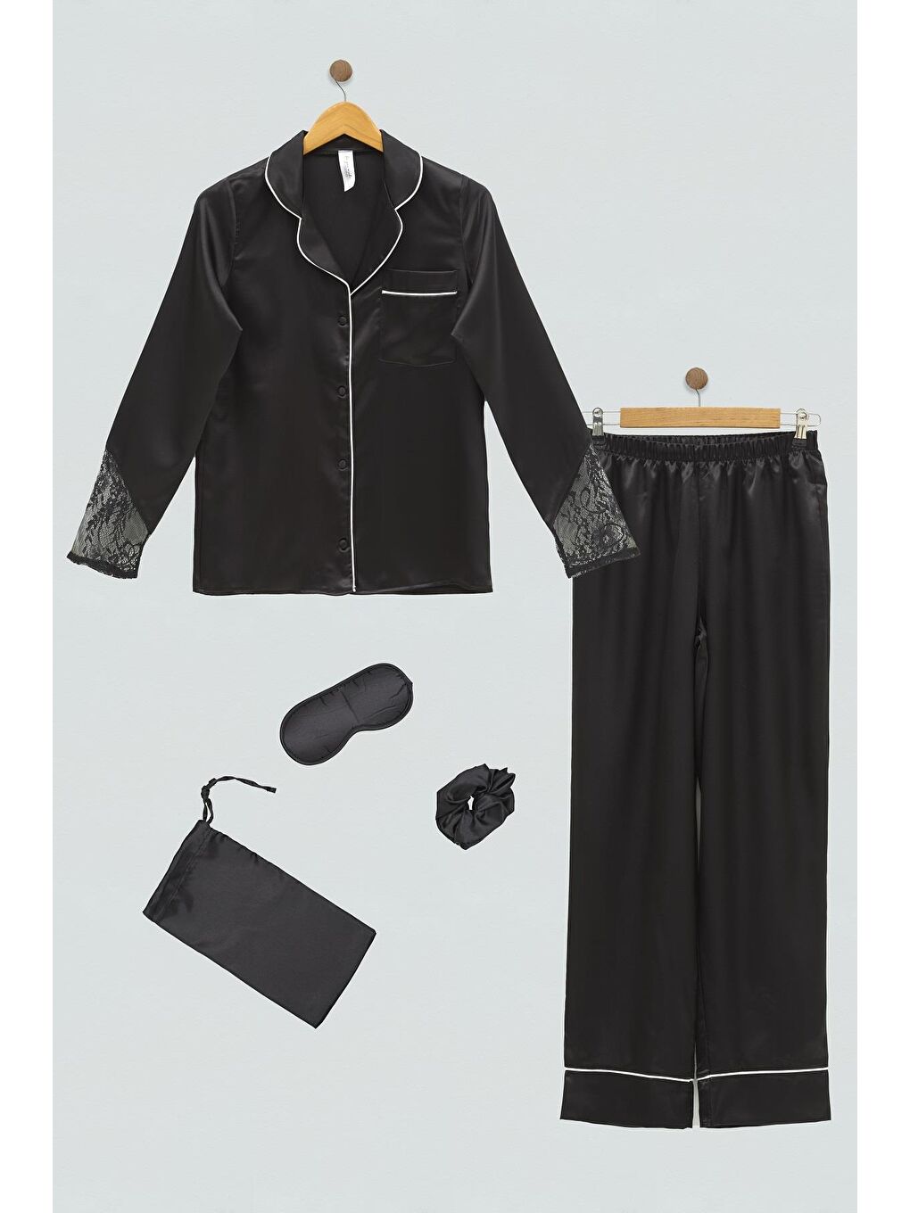 5'li Saten Kol Ucu Dantelli  Siyah Pijama Takım-4