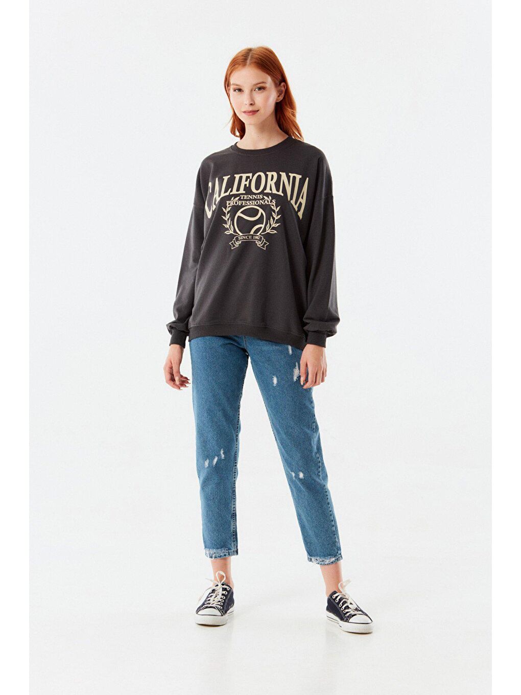 Antrasit California Baskılı Bisiklet Yaka Sweatshirt-3