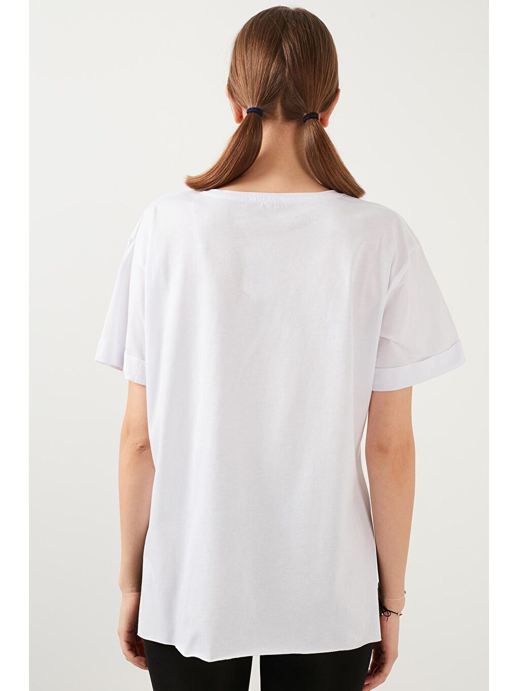 Beyaz Yazı Baskılı Bisiklet Yaka Yanları Yırtmaçlı % 100 Pamuk T Shirt 5411068-4