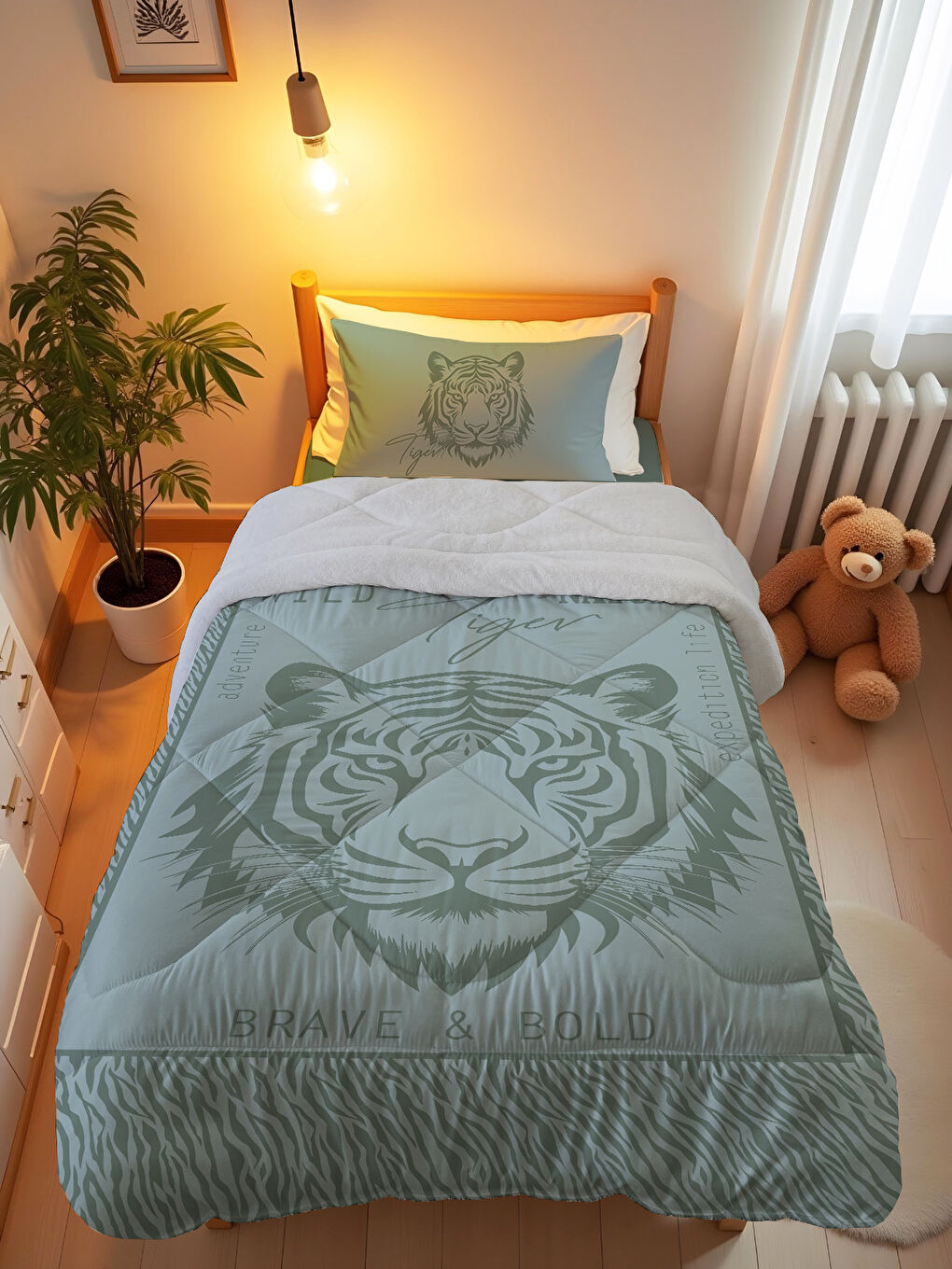 Yeşil Aslan Desenli Tek Kişilik 160x220 Cm Wellsoft Çift Taraflı Silikon Yorgan Ve Uyku Seti