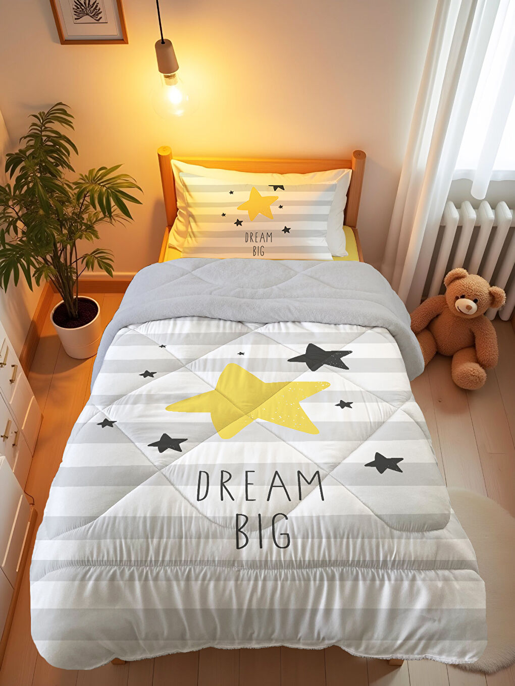 Beyaz Yıldız Desenli Tek Kişilik 160x220 Cm Wellsoft Çift Taraflı Silikon Yorgan Ve Uyku Seti