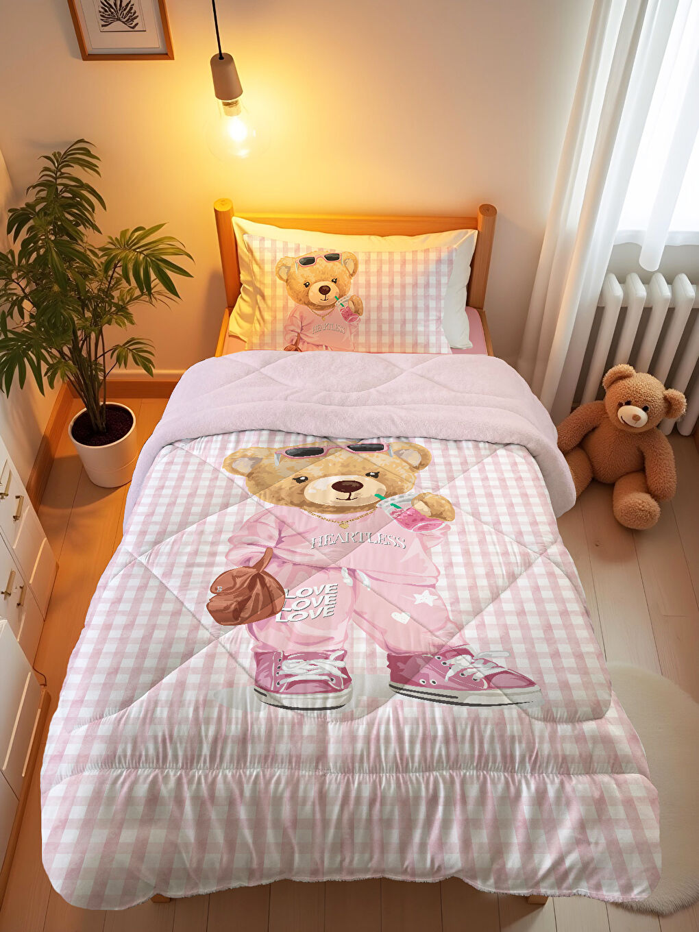 Karışık Tek Kişilik Teddy Desen 160x220 Cm Welsoft Çift Taraflı Silikon Yorgan Ve Uyku Seti-1