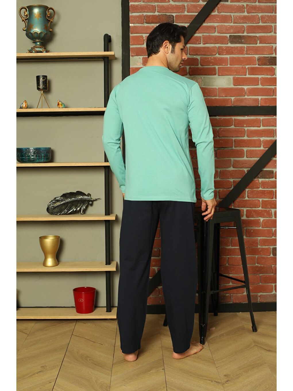 Turkuaz Erkek %100 Pamuk Pijama Takımı Uzun Kol Süprem Pamuklu Mevsimlik