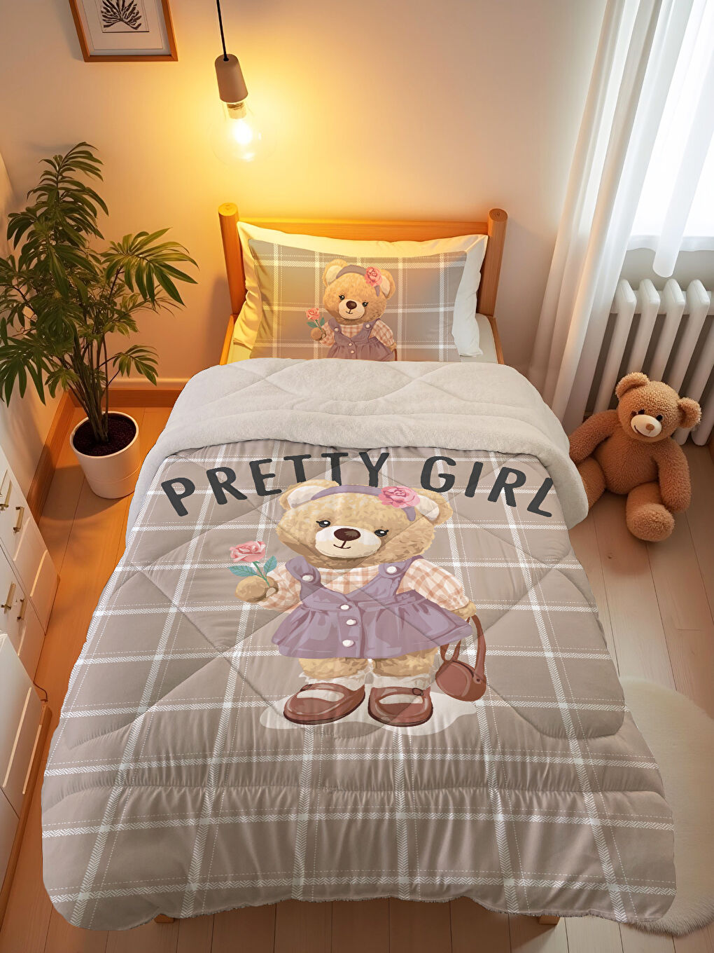 Karışık Tek Kişilik Teddy Desen 160x220 Cm Welsoft Çift Taraflı Silikon Yorgan Ve Uyku Seti