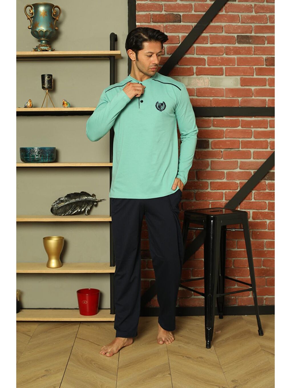 Turkuaz Erkek %100 Pamuk Pijama Takımı Uzun Kol Süprem Pamuklu Mevsimlik-1