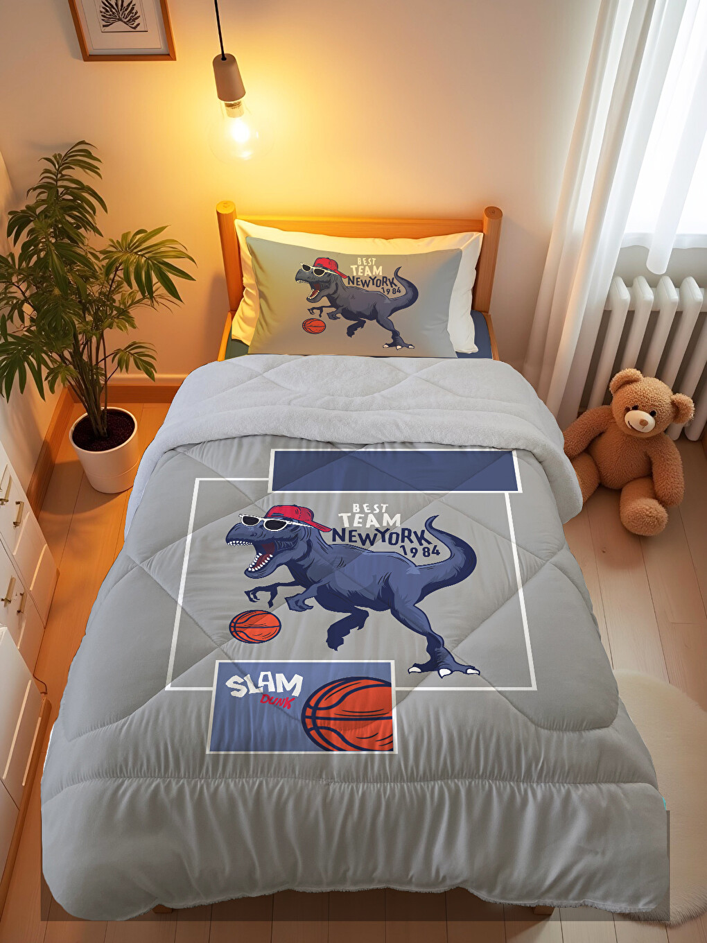 Gri Dinozor Desenli Tek Kişilik 160x220 Cm Wellsoft Çift Taraflı Silikon Yorgan Ve Uyku Seti-2