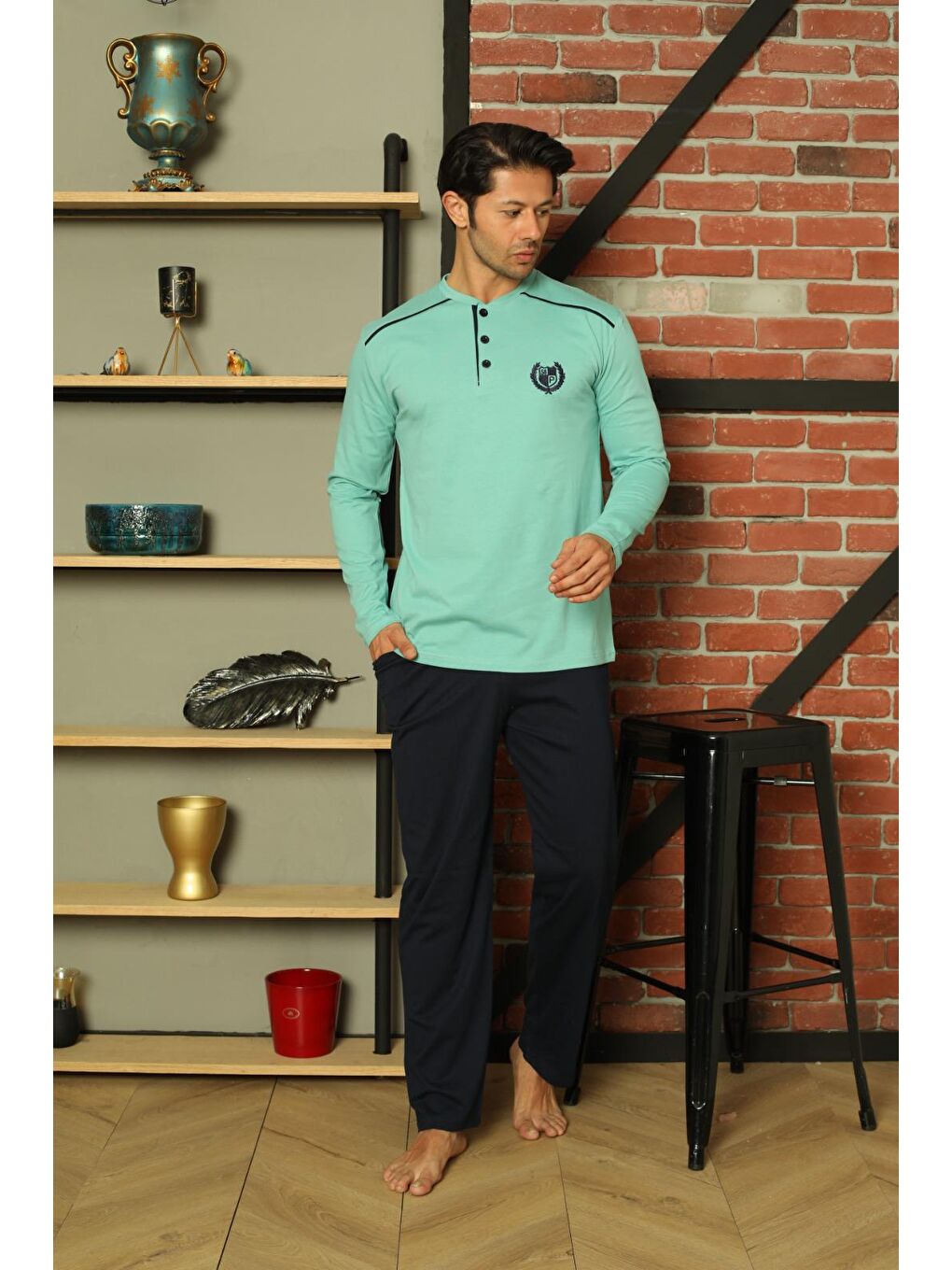 Turkuaz Erkek %100 Pamuk Pijama Takımı Uzun Kol Süprem Pamuklu Mevsimlik-2