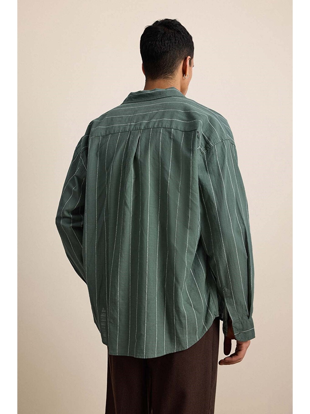 Erkek Oversize Çizgili Keten Uzun Kollu Gömlek Haki-6
