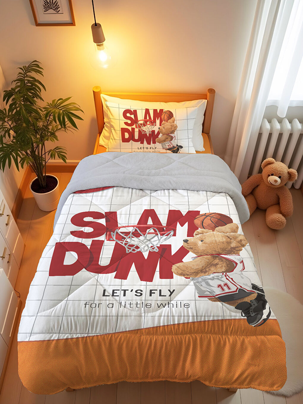 Karışık Basketbolcu Teddy Desenli Tek Kişilik 160x220 Cm Wellsoft Çift Taraflı Silikon Yorgan Ve Uyku Seti