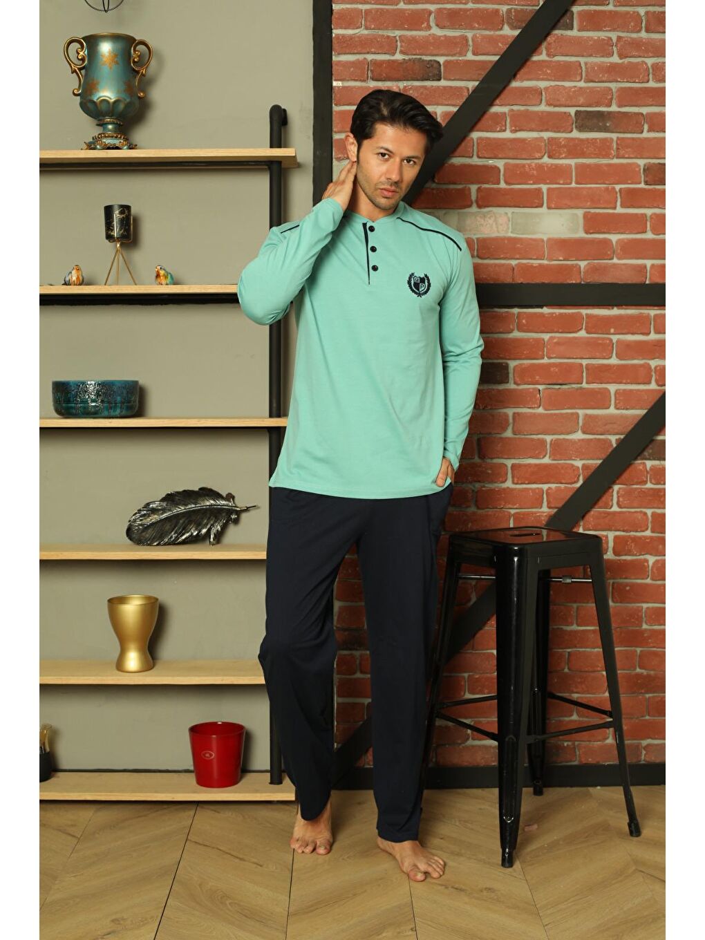 Turkuaz Erkek %100 Pamuk Pijama Takımı Uzun Kol Süprem Pamuklu Mevsimlik-3