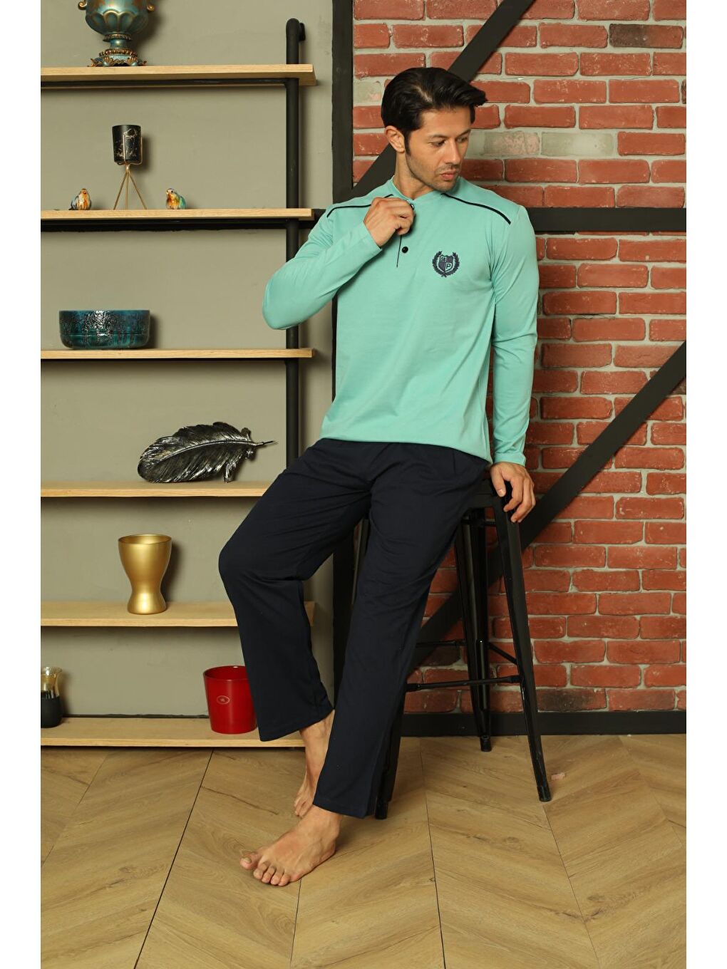 Turkuaz Erkek %100 Pamuk Pijama Takımı Uzun Kol Süprem Pamuklu Mevsimlik-4