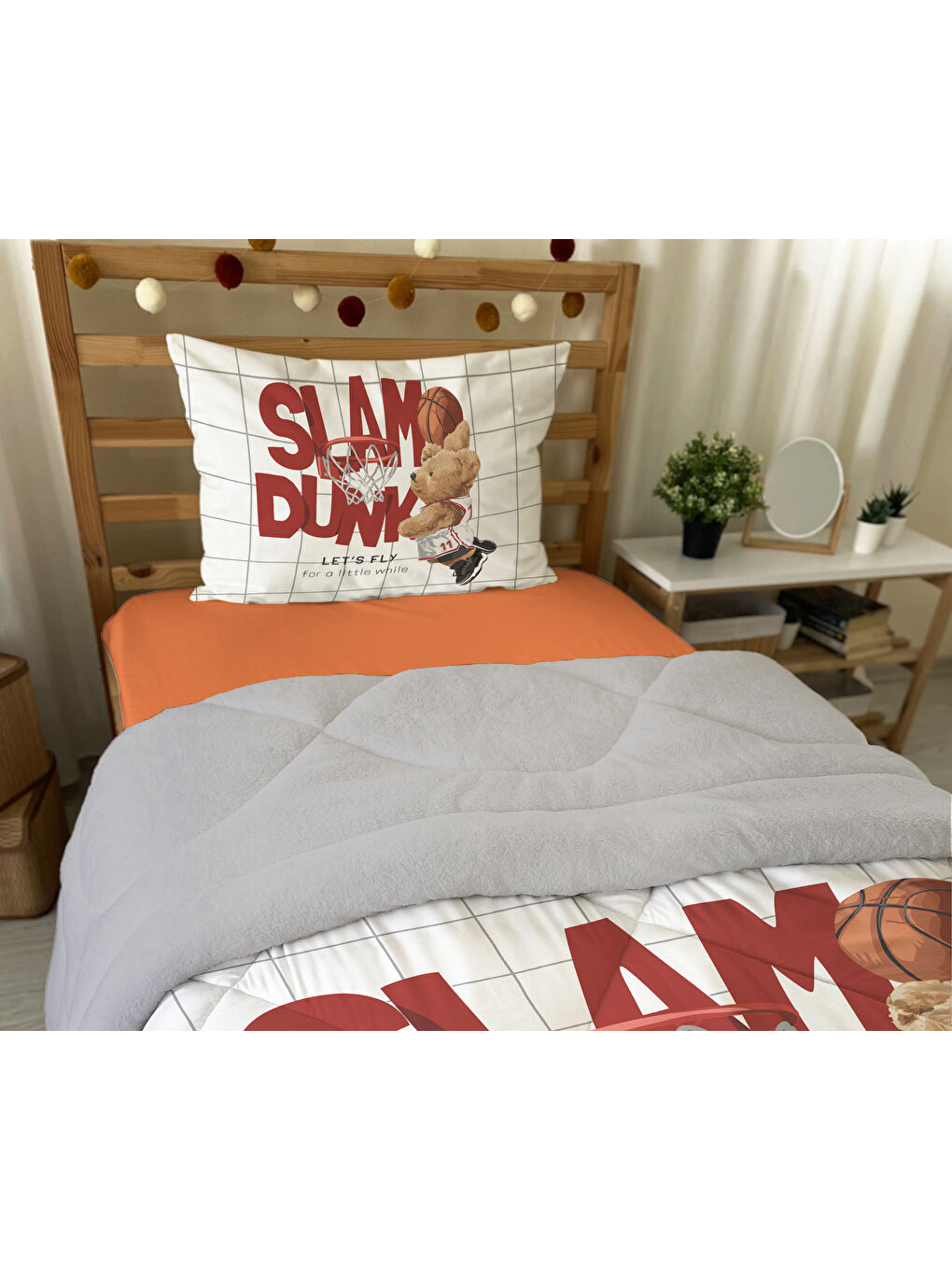 Karışık Basketbolcu Teddy Desenli Tek Kişilik 160x220 Cm Wellsoft Çift Taraflı Silikon Yorgan Ve Uyku Seti-3