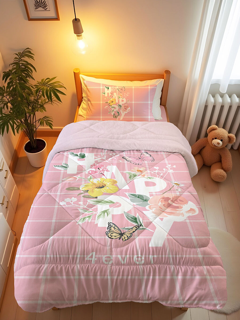 Karışık Tek Kişilik Happy Desen 160x220 Cm Welsoft Çift Taraflı Silikon Yorgan Ve Uyku Seti