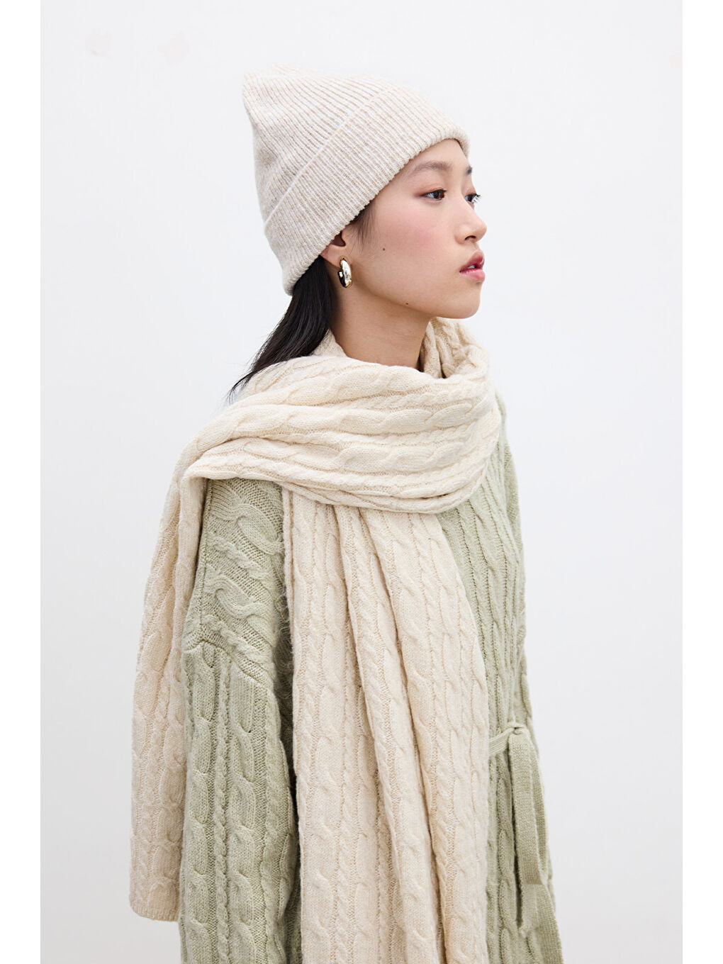 Fitilli Örgü Bere Bej-1