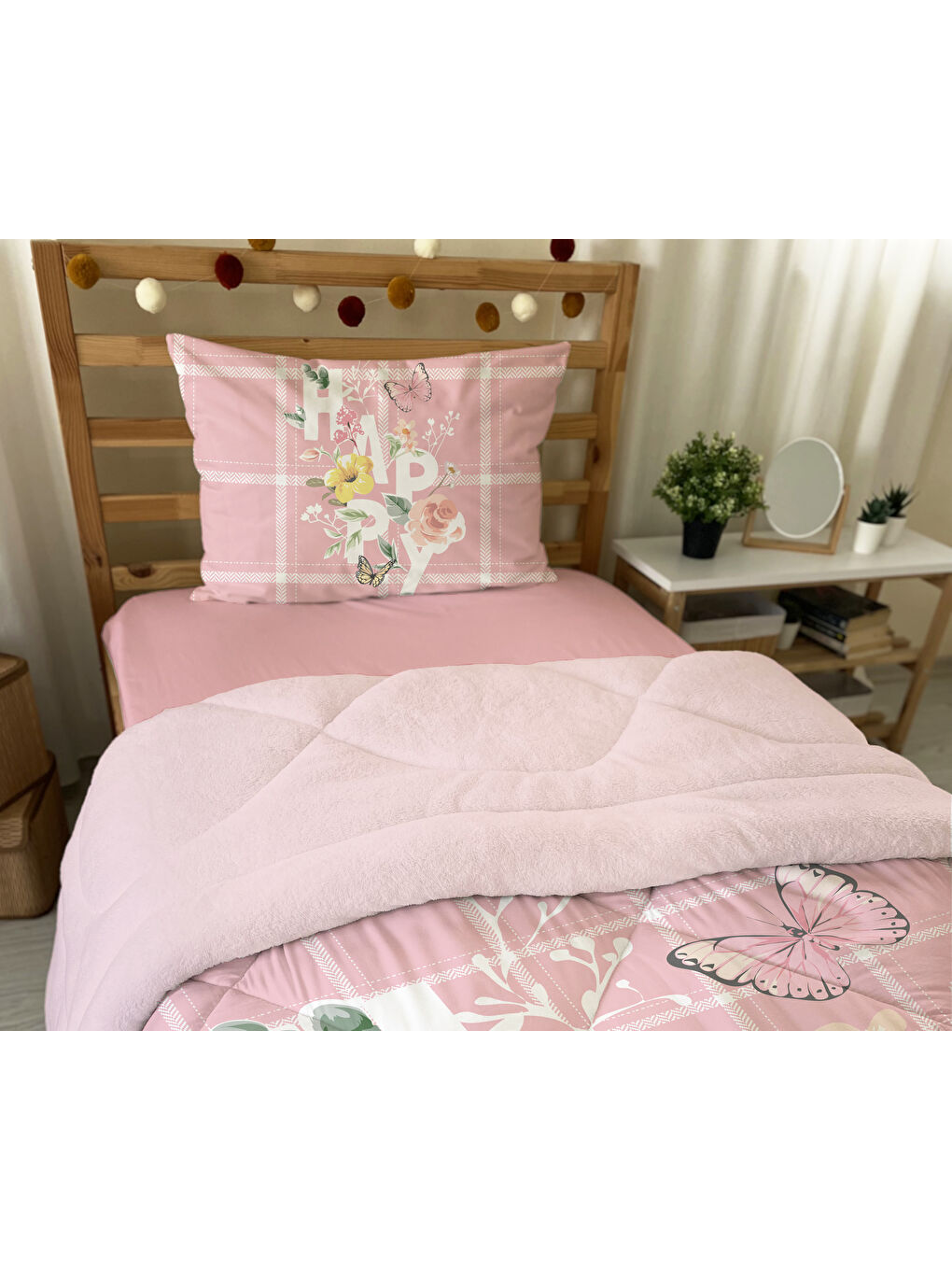 Karışık Tek Kişilik Happy Desen 160x220 Cm Welsoft Çift Taraflı Silikon Yorgan Ve Uyku Seti-1