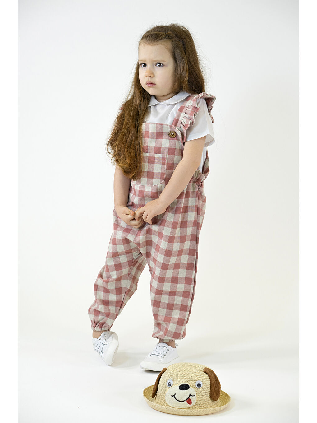 Ekru Mai Pembe Krem Ekose Keten Tulum