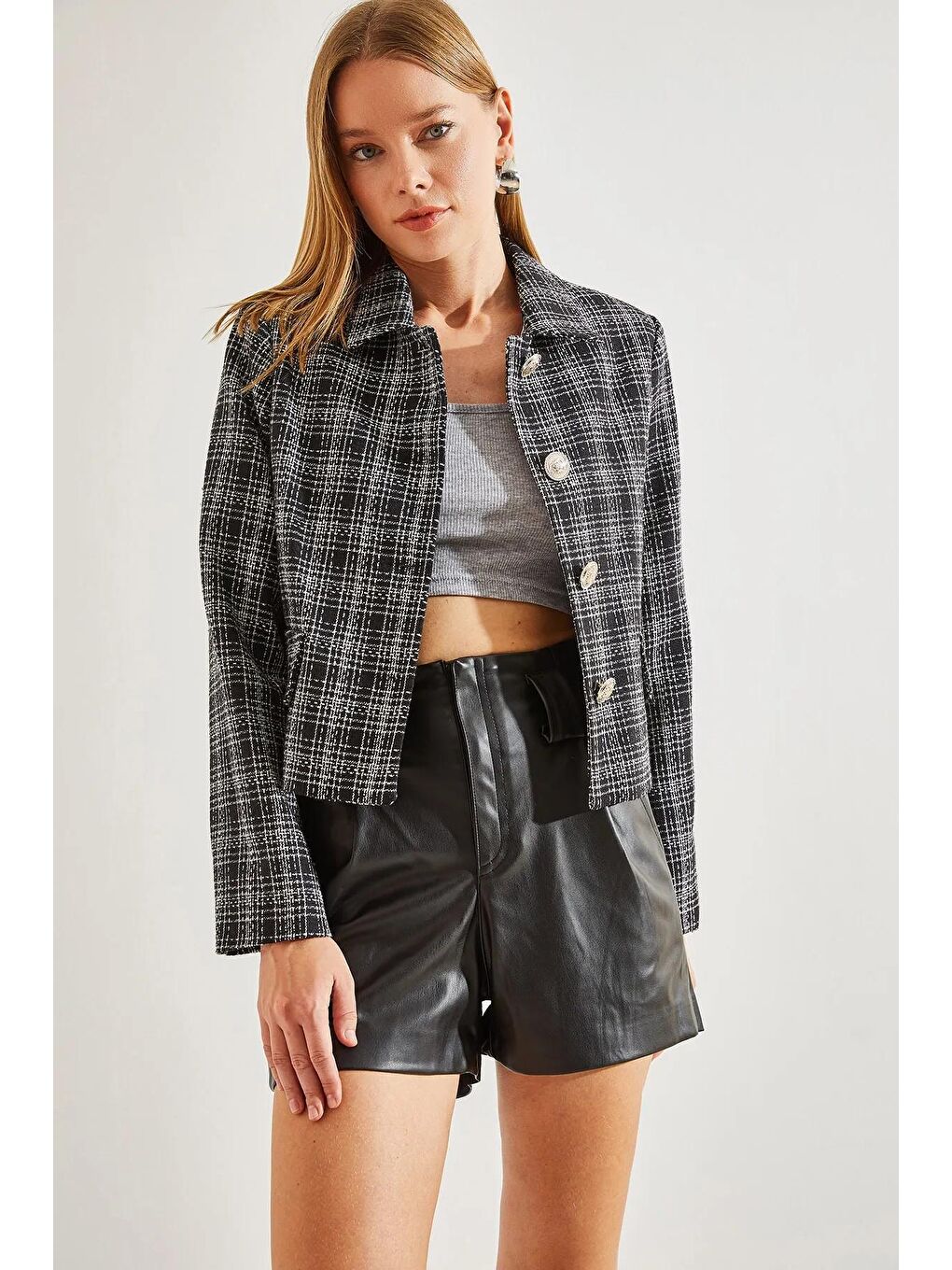Siyah Kadın Ekose Desenli Şanel Kumaş Ceket