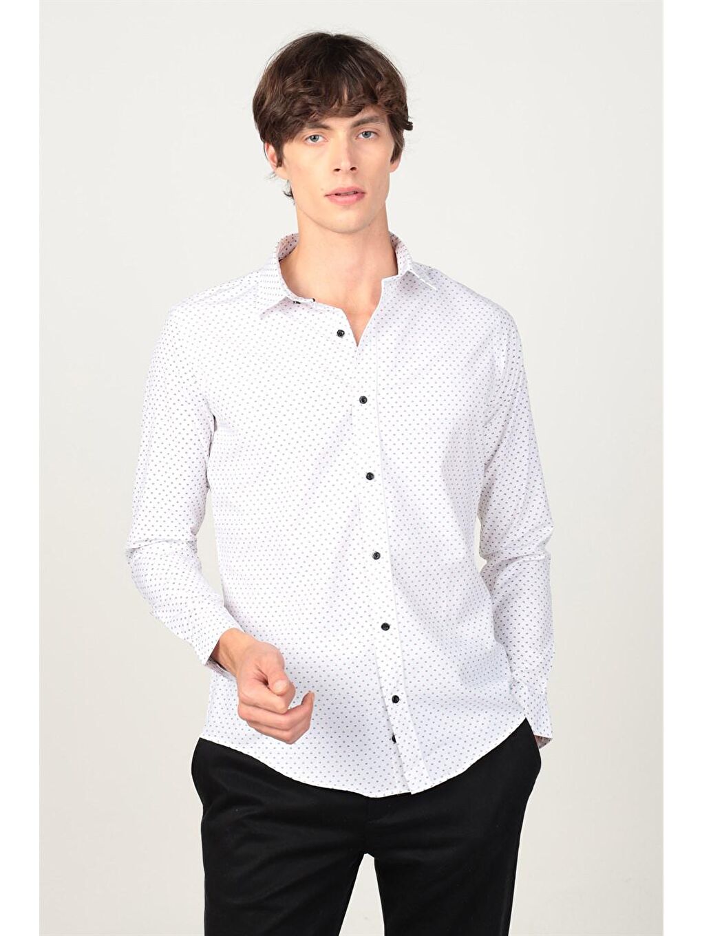 Beyaz Slım Fit Uzun Kol Baskılı Desenli Erkek Gömlek