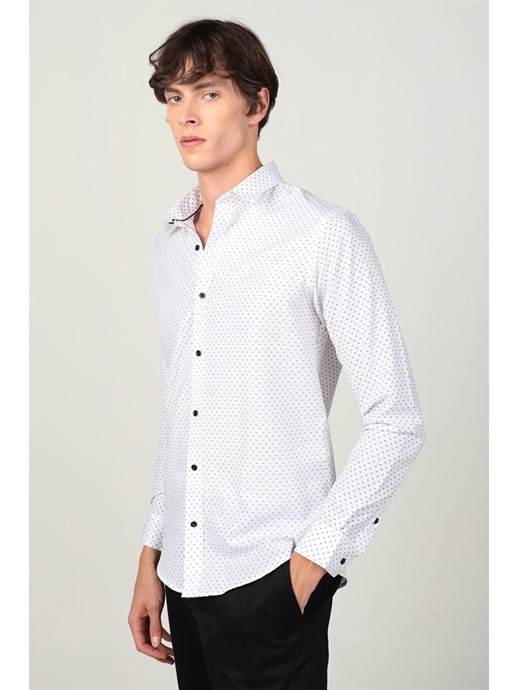 Beyaz Slım Fit Uzun Kol Baskılı Desenli Erkek Gömlek-1
