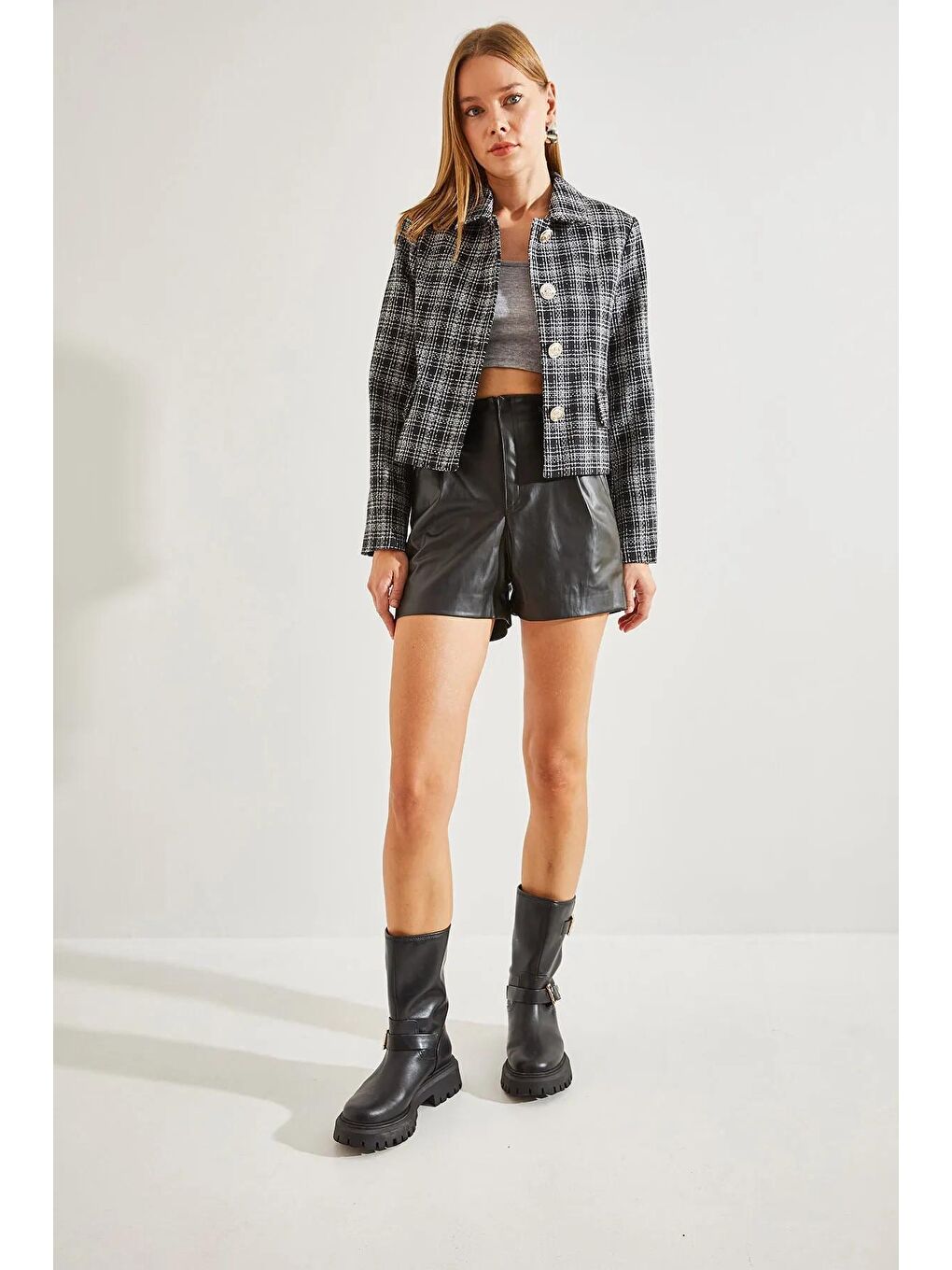 Siyah Kadın Ekose Desenli Şanel Kumaş Ceket-1