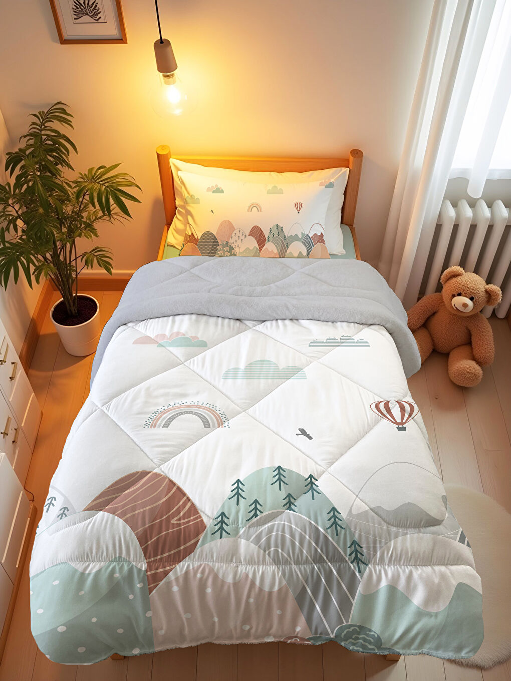 Beyaz Vadi Desenli Tek Kişilik 160x220 Cm Wellsoft Çift Taraflı Silikon Yorgan Ve Uyku Seti