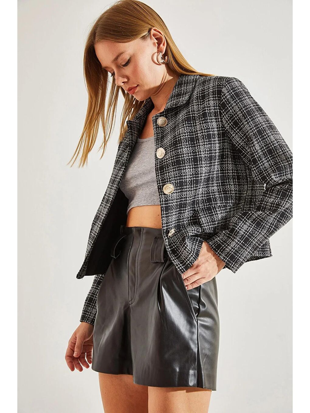 Siyah Kadın Ekose Desenli Şanel Kumaş Ceket-2