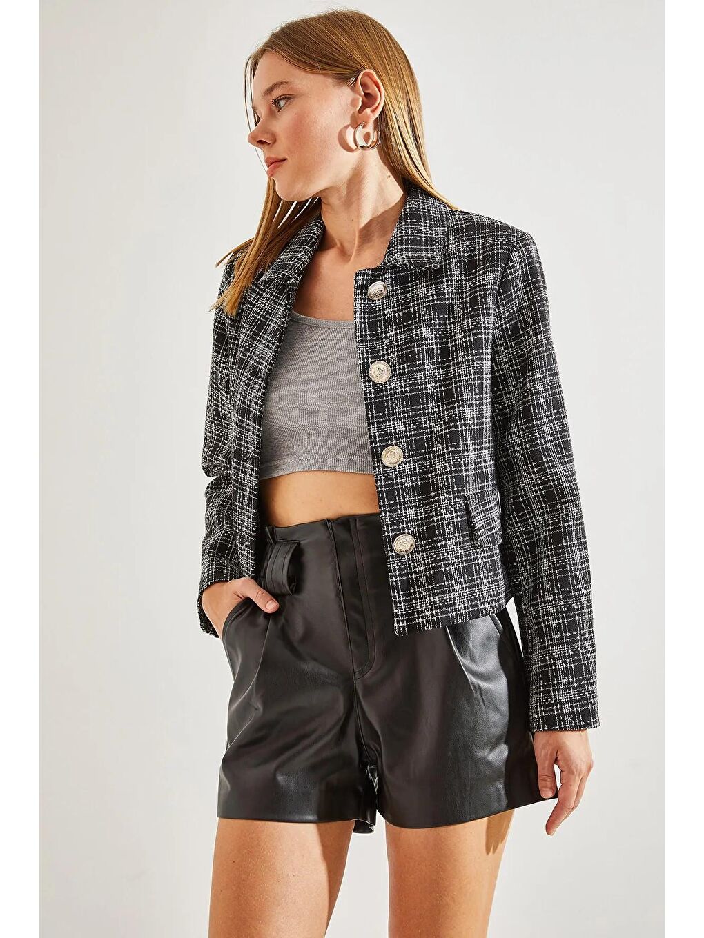 Siyah Kadın Ekose Desenli Şanel Kumaş Ceket-3
