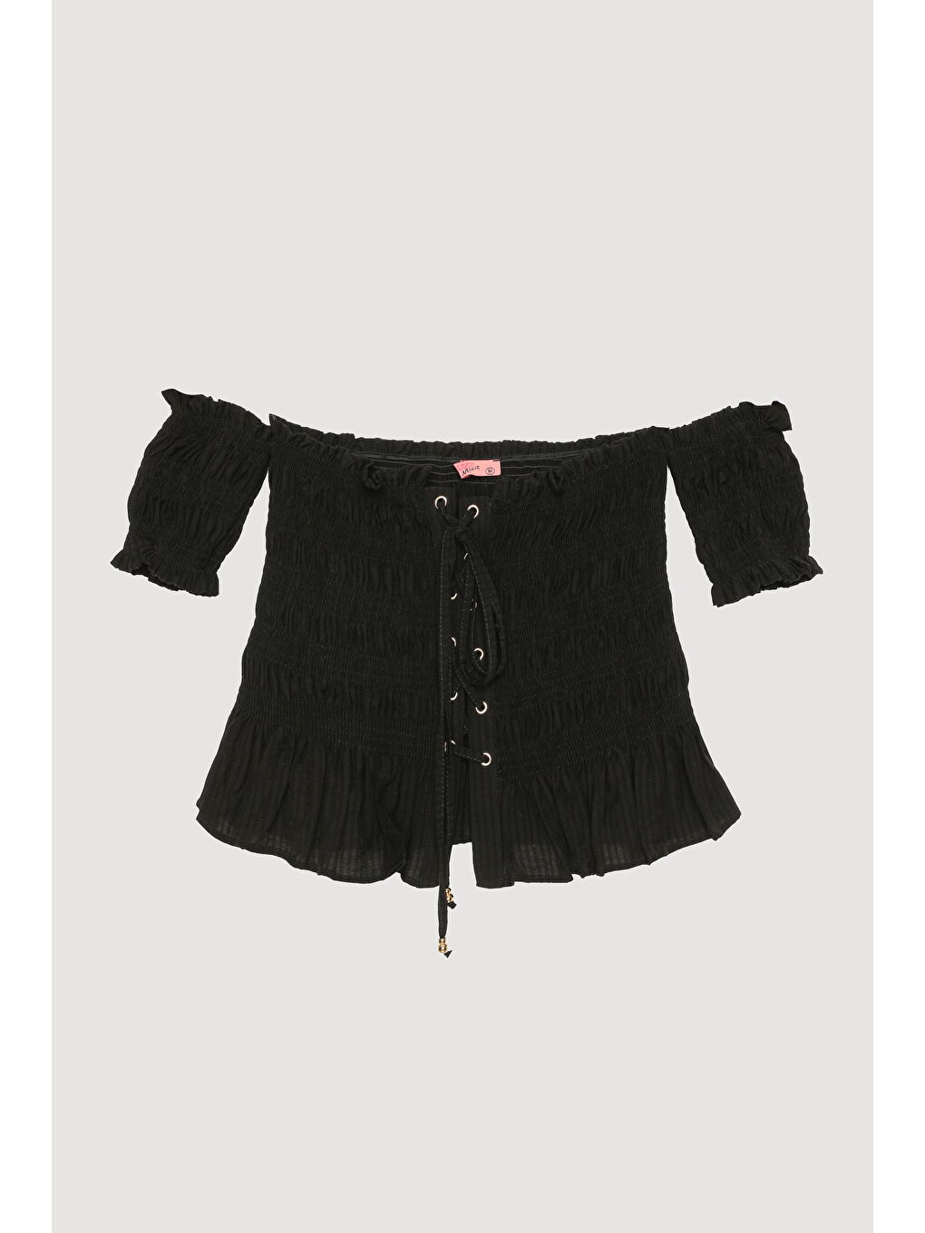 Kuş Gözü Bağlamalı Düşük Omuz Bluz Siyah-1