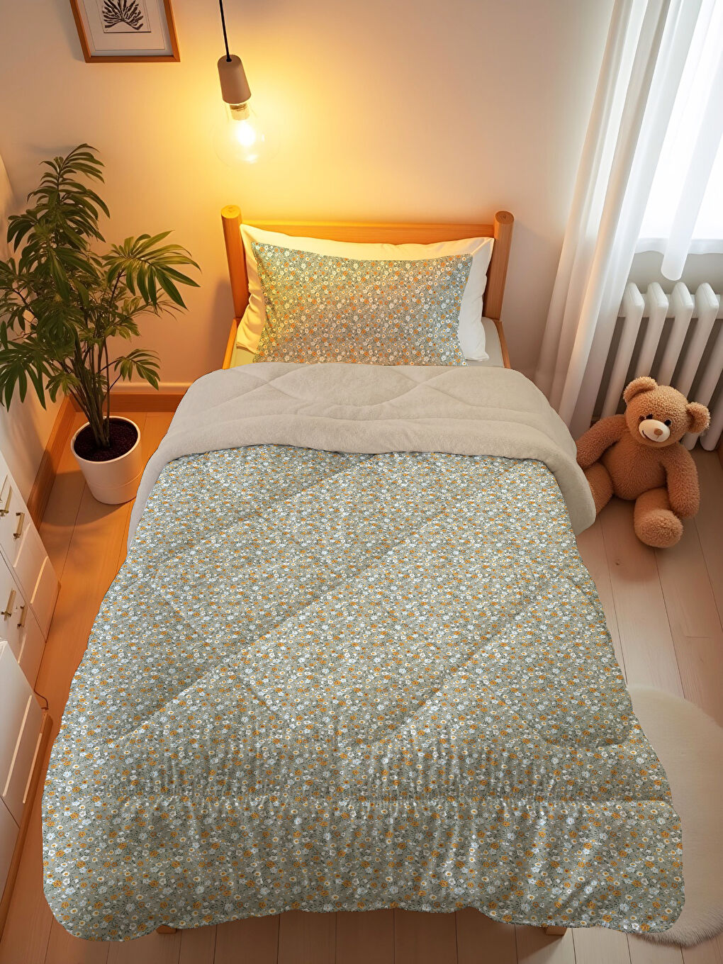 Karışık Tek Kişilik Minik Çiçek Desen,Yeşil 160x220 cm Welsoft Çift Taraflı Silikon Yorgan Ve Uyku Seti