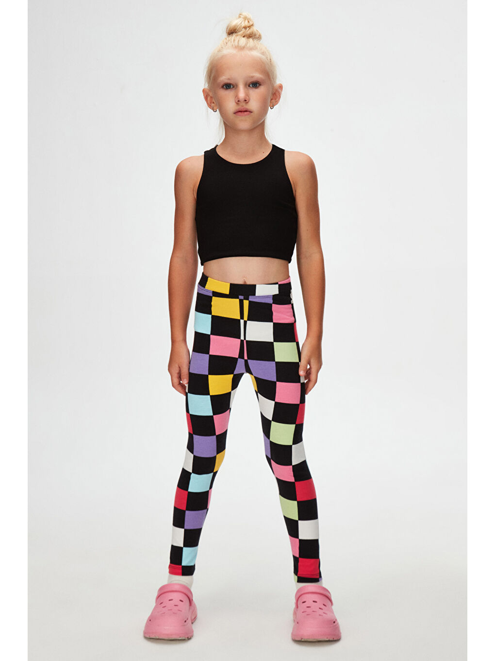 Karışık Kız Çocuk Op Art Checkers Desen Tayt