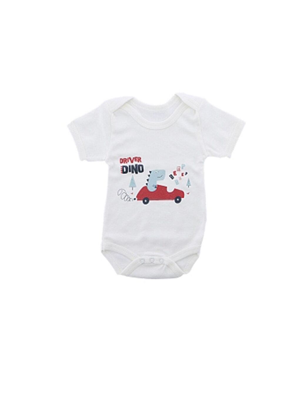 Ekru Kısa Kollu  Yenidoğan Erkek Bebek Zıbın Dijital Baskılı Dino Arabalı Zıbın0001504