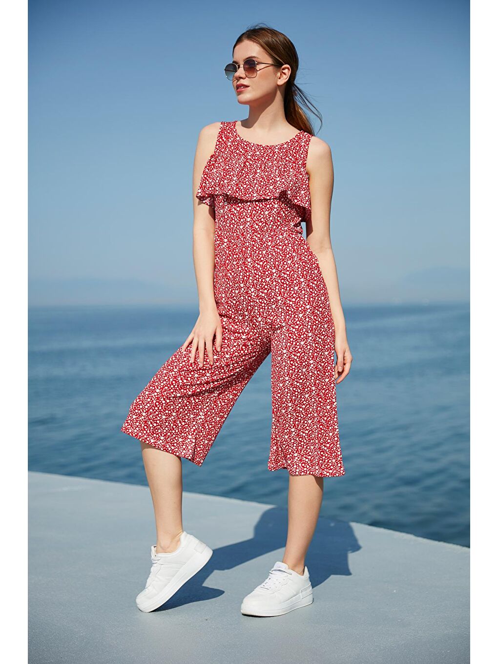 Kırmızı Desenli Bisiklet Yaka Omuz Detaylı Cepli Tulum 5863143