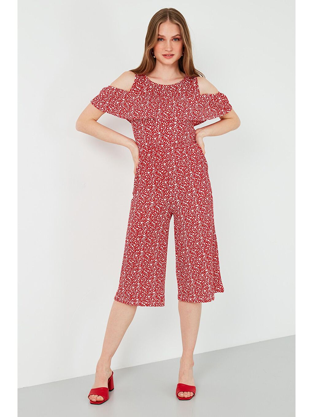 Kırmızı Desenli Bisiklet Yaka Omuz Detaylı Cepli Tulum 5863143-1