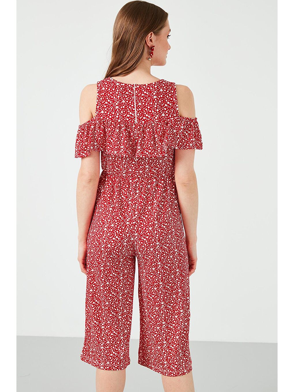 Kırmızı Desenli Bisiklet Yaka Omuz Detaylı Cepli Tulum 5863143-3