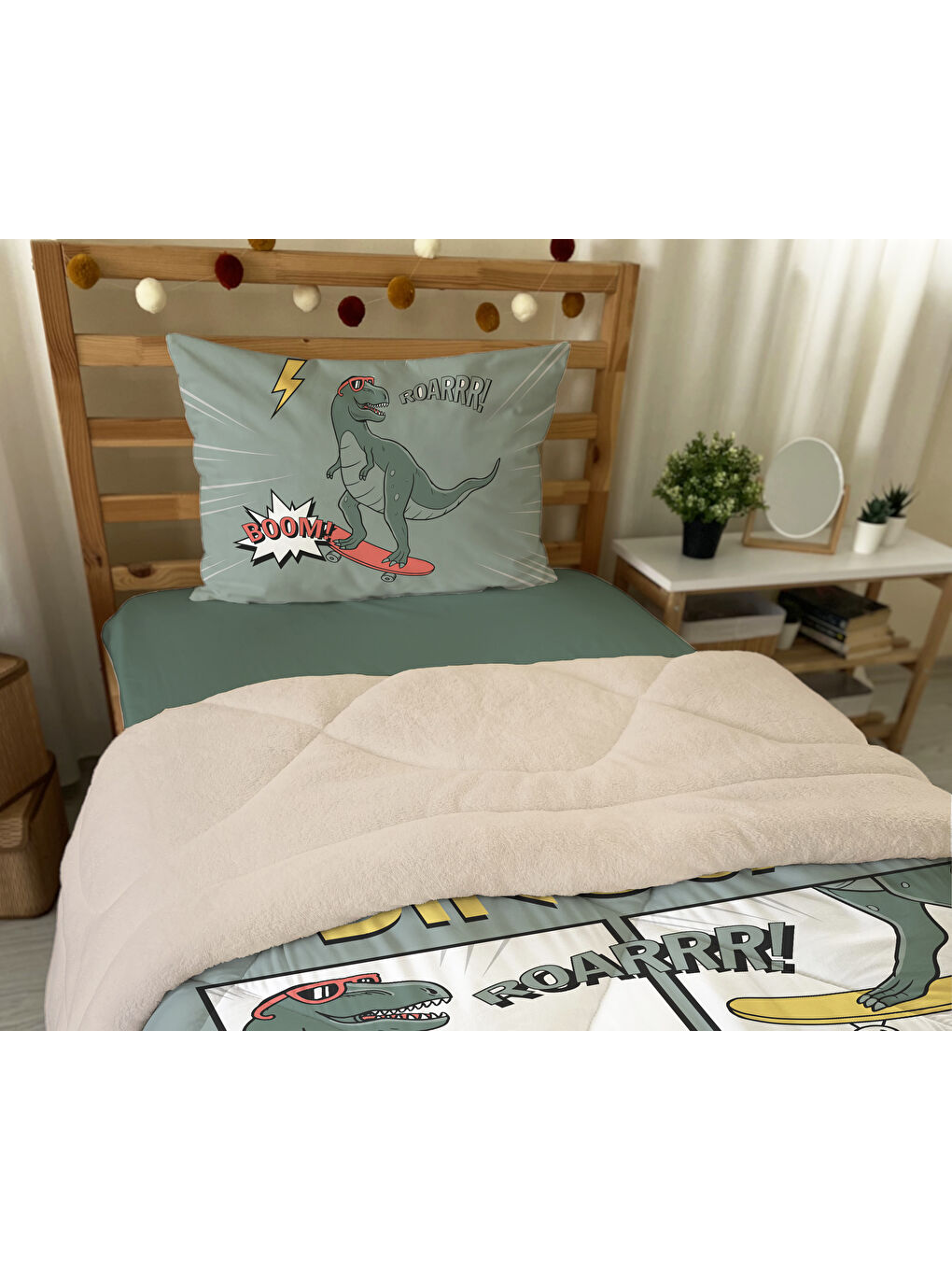 Karışık Dinozor Desenli Tek Kişilik 160x220 Cm Wellsoft Çift Taraflı Silikon Yorgan Ve Uyku Seti-1