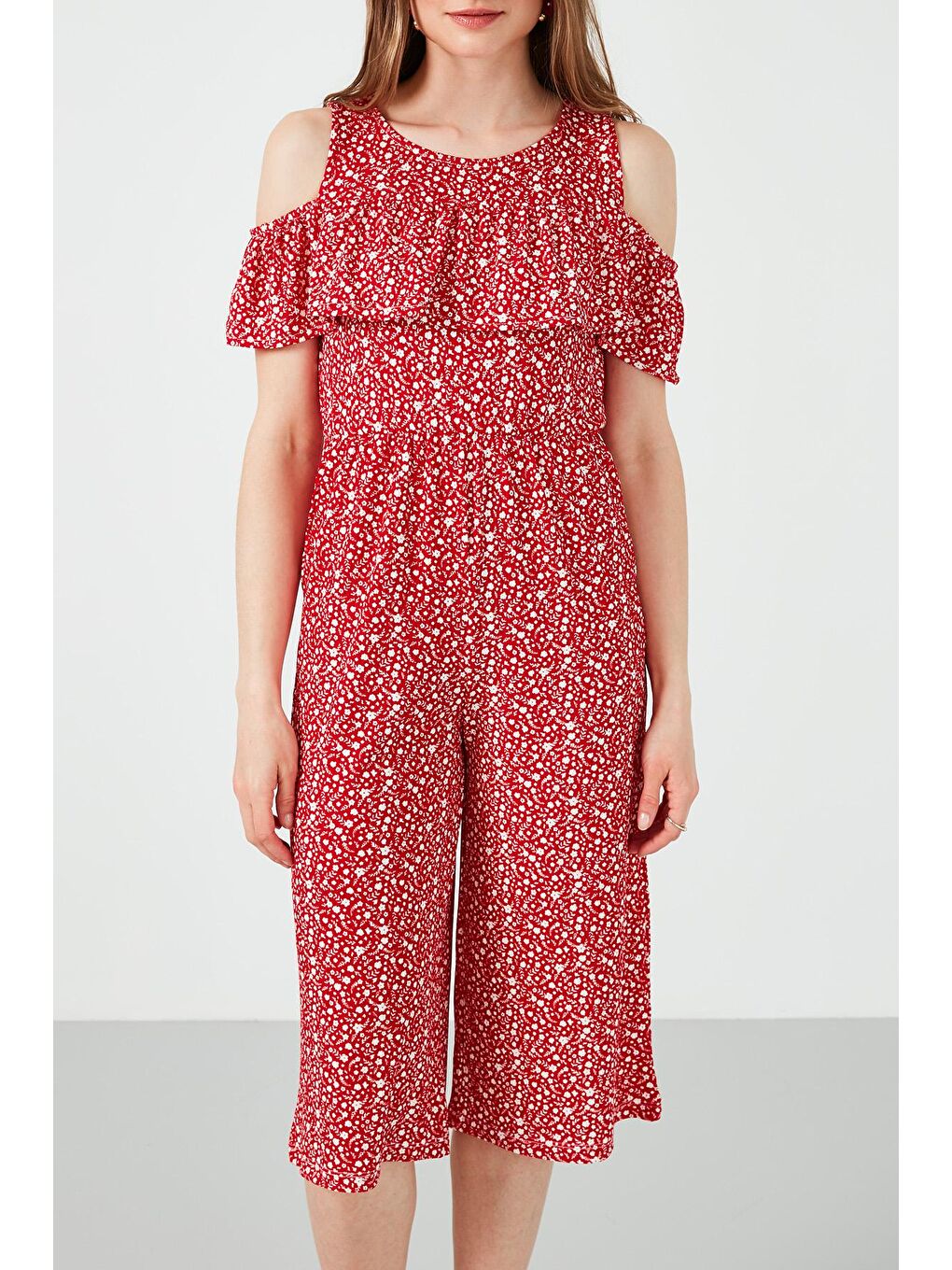 Kırmızı Desenli Bisiklet Yaka Omuz Detaylı Cepli Tulum 5863143-4