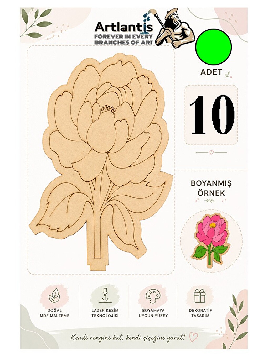 Ahşap Boyama Çiçekler 10 Adet 10x15cm Boyama Figürü Etkinlik Çocuk Gelişim Motor Beceri
