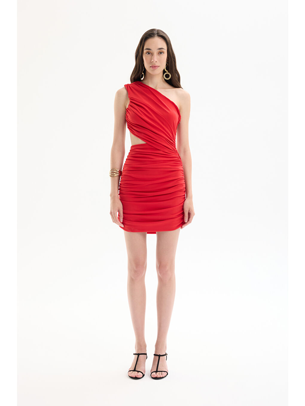 Drape Detaylı Tek Omuz Cut Out Mini Elbise Kırmızı-3