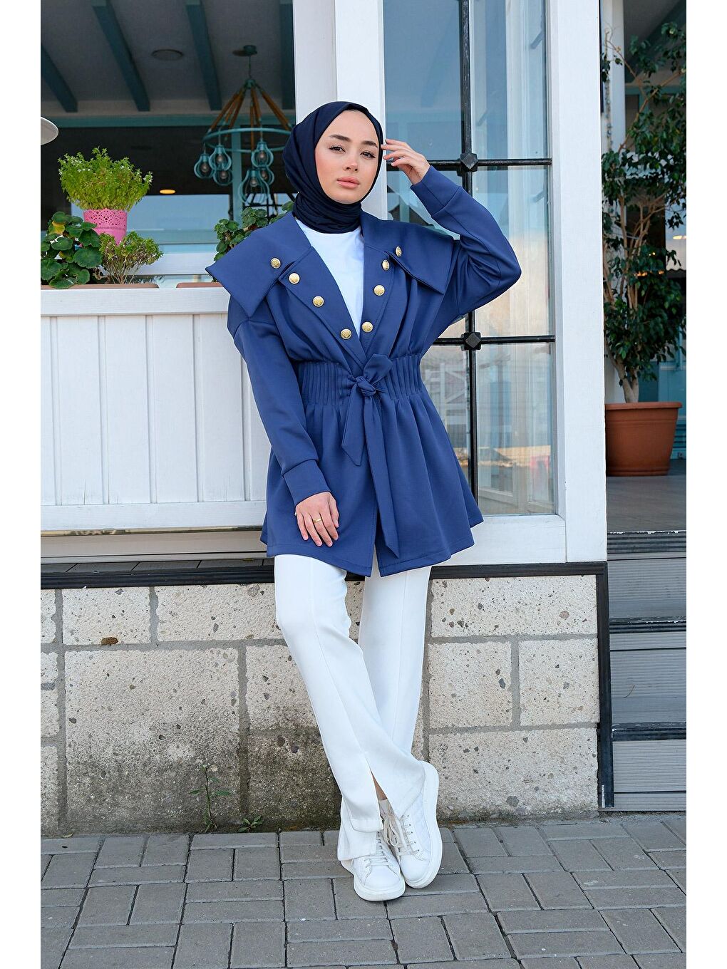 Gemici Yaka Bel Büzgülü Ceket Lacivert