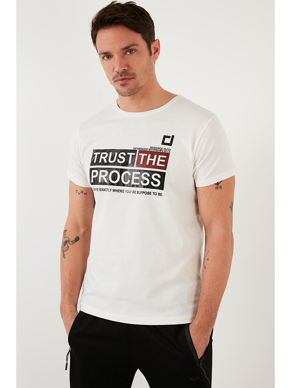 Ekru Baskılı %100 Pamuk Bisiklet Yaka Slim Fit Tişört 541PROCESS-3