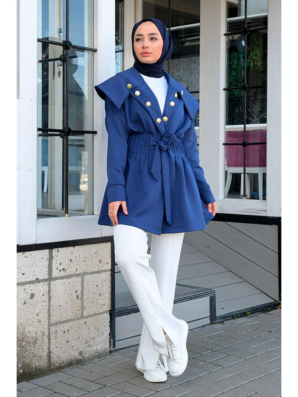 Gemici Yaka Bel Büzgülü Ceket Lacivert-1