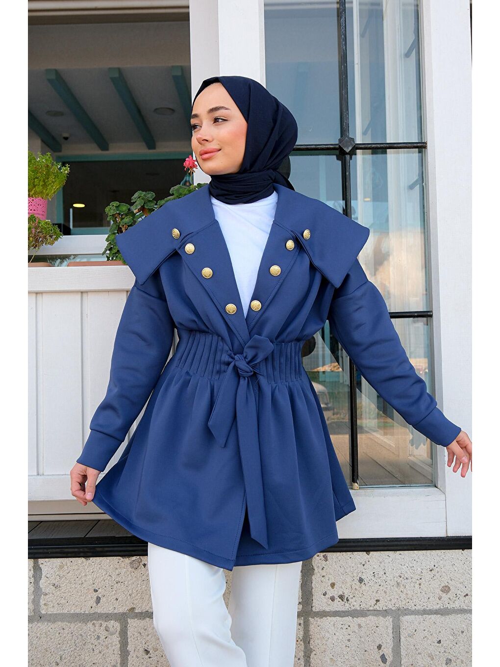 Gemici Yaka Bel Büzgülü Ceket Lacivert-2