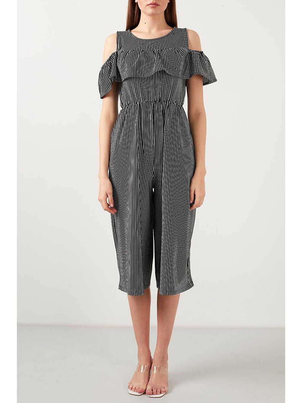 Siyah Desenli Bisiklet Yaka Omuz Detaylı Cepli Tulum 5863143-4