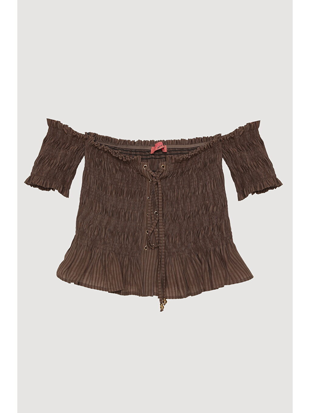 Kuş Gözü Bağlamalı Düşük Omuz Bluz Kahverengi-1