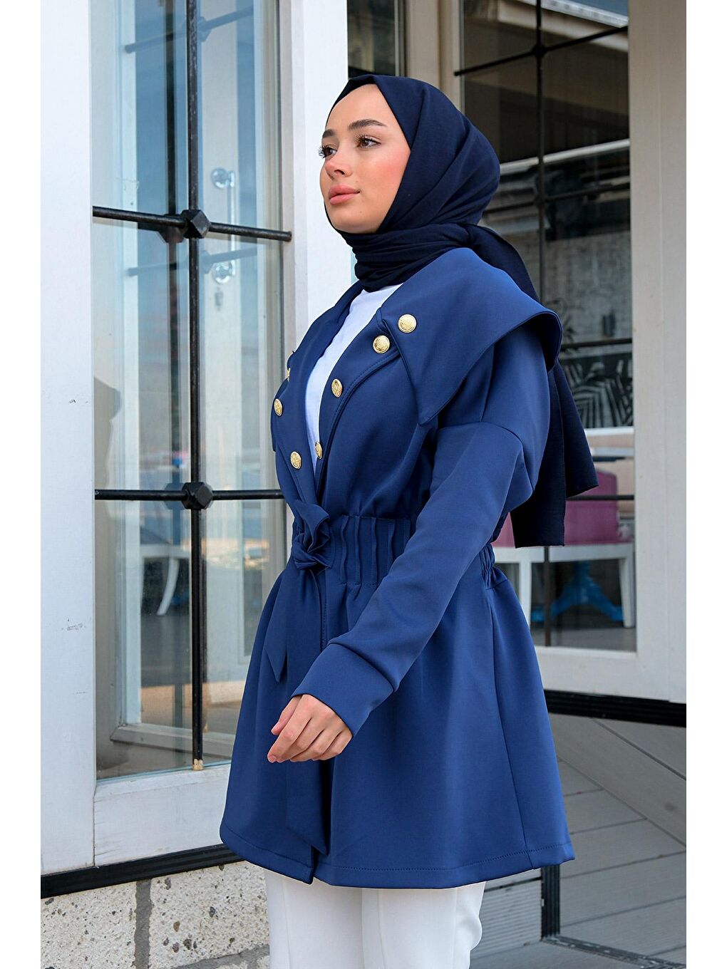 Gemici Yaka Bel Büzgülü Ceket Lacivert-4