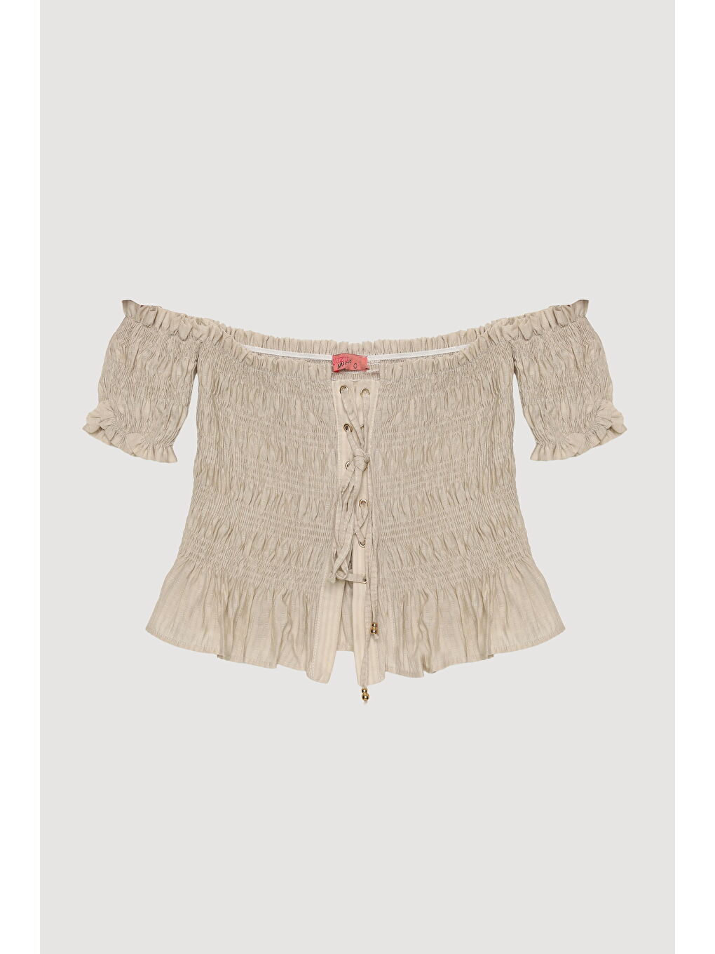 Kuş Gözü Bağlamalı Düşük Omuz Bluz Bej-1