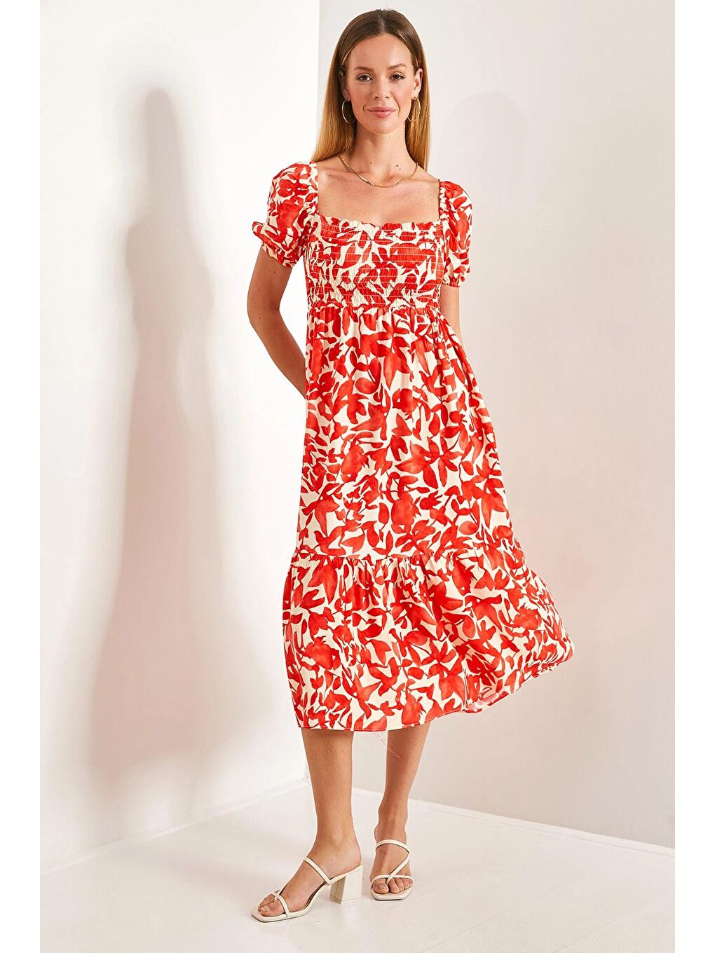 Turuncu Kadın Kare Yaka Gipeli Multi Desenli Kloş Elbise