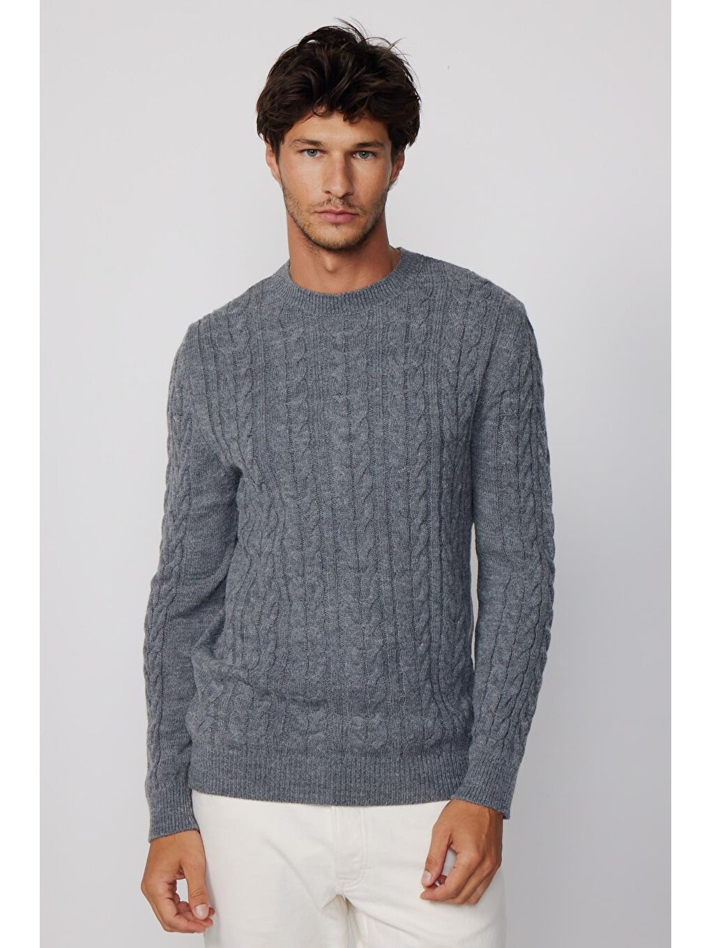 Slim Fit Bisiklet Yaka Desenli Gri Erkek Kazak