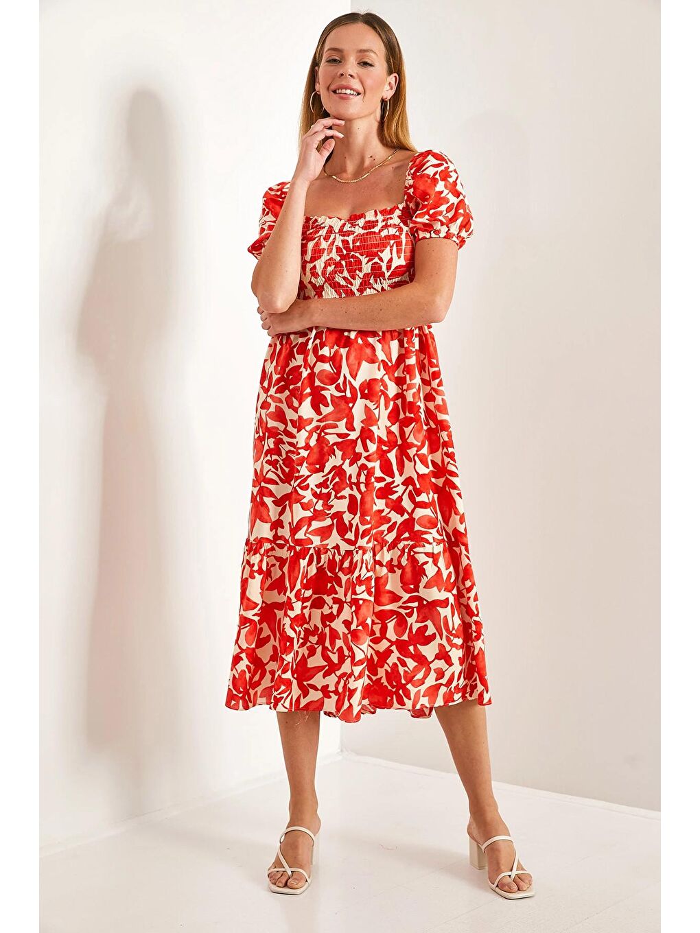 Turuncu Kadın Kare Yaka Gipeli Multi Desenli Kloş Elbise-1